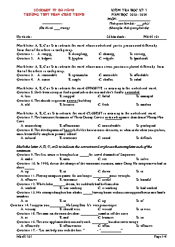 Đề kiểm tra môn Tiếng Anh 12 - Mã 101 - Năm học 2023-2024 - Trường THPT Phan Châu Trinh (Có đáp án)