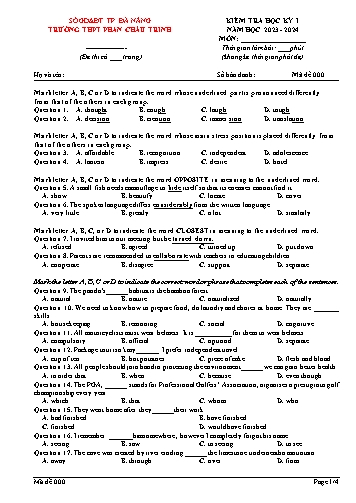 Đề kiểm tra môn Tiếng Anh Lớp 12 học kì I - Mã 000 - Năm học 2023-2024 - Trường THPT Phan Châu Trinh (Có đáp án)