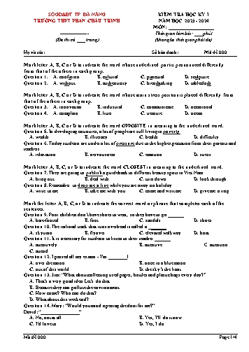 Đề kiểm tra môn Tiếng Anh Lớp 12 - Học kì I - Mã đề 000 - Năm học 2023-2024 - Trường THPT Phan Châu Trinh (Có đáp án)