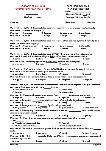 Đề kiểm tra môn Tiếng Anh Lớp 12 học kì I - Mã đề 101 - Năm học 2023-2024 - Sở GD&ĐT Đà Nẵng