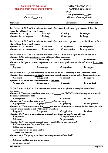 Đề kiểm tra môn Tiếng Anh Lớp 12 học kì I - Năm học 2023-2024 - Trường THPT Phan Châu Trinh (Có đáp án)