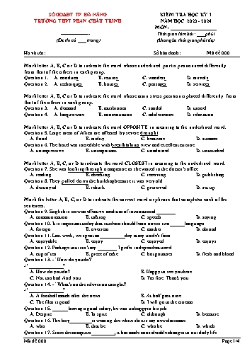 Đề kiểm tra môn Tiếng Anh Lớp 12 - Mã 000 - Năm học 2023-2024 - Trường THPT Phan Châu Trinh (Có đáp án)