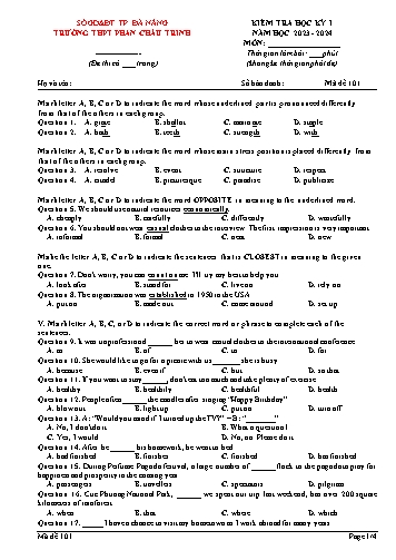 Đề kiểm tra môn Tiếng Anh Lớp 12 - Mã đề 101 - Năm học 2023-2024 - Sở GD&ĐT Đà Nẵng