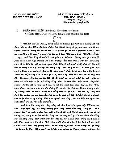 Đề kiểm tra Ngữ văn 11 - Đề 1 - Năm học 2023-2024 - Trường THPT Tiên Lãng (Có đáp án)