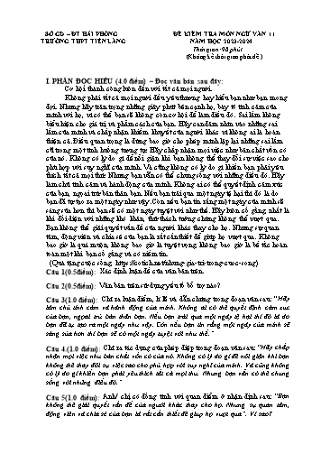 Đề kiểm tra Ngữ văn 11 - Đề 3 - Năm học 2023-2024 - Trường THPT Tiên Lãng (Có đáp án)
