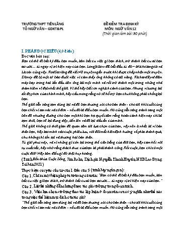 Đề kiểm tra Ngữ văn 12 - Đề 1 - Trường THPT Tiên Lãng (Có đáp án)
