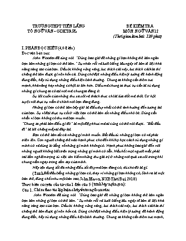 Đề kiểm tra Ngữ văn 12 - Đề 2 - Trường THPT Tiên Lãng (Có đáp án)