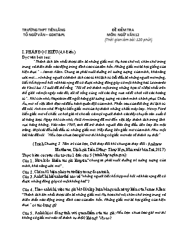 Đề kiểm tra Ngữ văn 12 - Đề 3 - Trường THPT Tiên Lãng (Có đáp án)