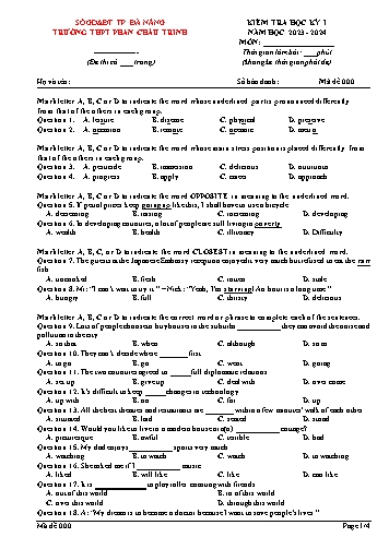 Đề kiểm tra Tiếng Anh 12 học kì I - Mã 000 - Năm học 2023-2024 - Trường THPT Phan Châu Trinh (Có đáp án)