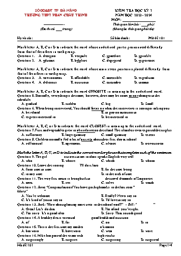 Đề kiểm tra Tiếng Anh 12 - Học kì I - Mã 101 - Năm học 2023-2024 - Trường THPT Phan Châu Trinh (Có đáp án)