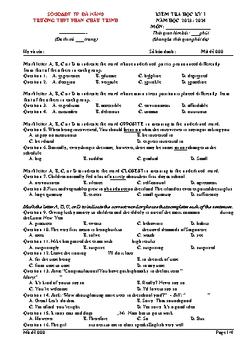 Đề kiểm tra Tiếng Anh 12 - Học kì I - Mã đề 000 - Năm học 2023-2024 - Trường THPT Phan Châu Trinh (Có đáp án)