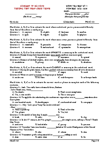 Đề kiểm tra Tiếng Anh 12 học kì I - Mã đề 101 - Năm học 2023-2024 - Trường THPT Phan Châu Trinh (Có đáp án)