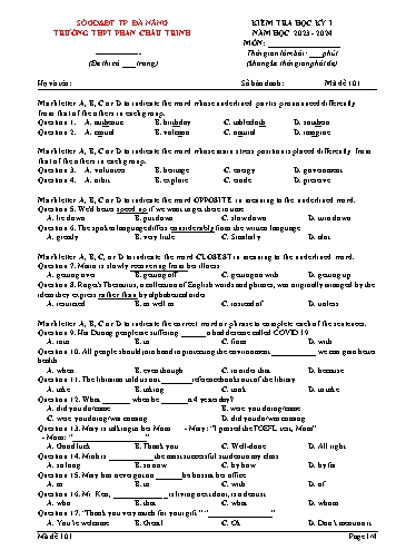 Đề kiểm tra Tiếng Anh 12 học kì I - Mã đề 101 - Năm học 2023-2024 - Sở GD&ĐT Đà Nẵng