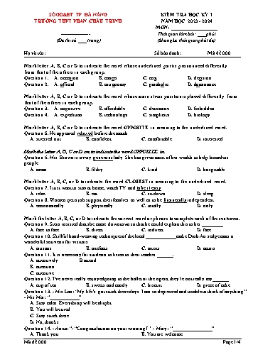 Đề kiểm tra Tiếng Anh 12 học kì I - Năm học 2023-2024 - Trường THPT Phan Châu Trinh (Có đáp án)