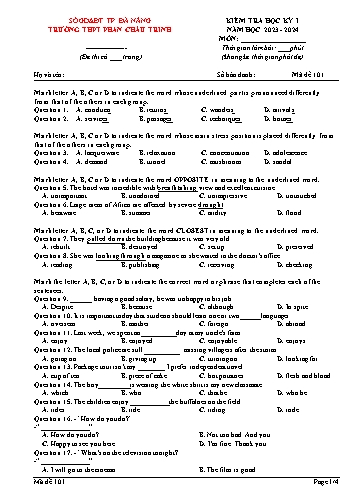Đề kiểm tra Tiếng Anh 12 - Mã đề 101 - Năm học 2023-2024 - Sở GD&ĐT Đà Nẵng