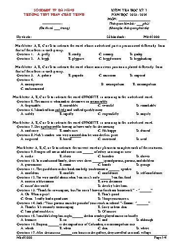 Đề kiểm tra Tiếng Anh Lớp 12 - Học kì I - Mã đề 000 - Năm học 2023-2024 - Trường THPT Phan Châu Trinh (Có đáp án)