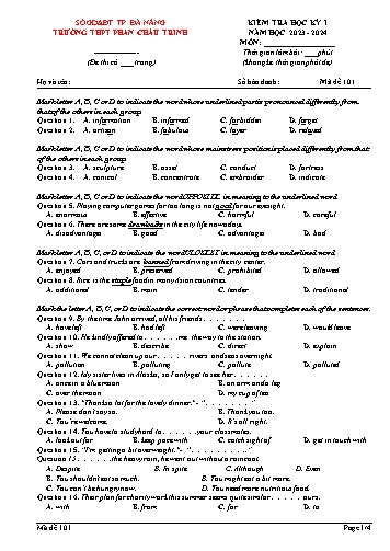Đề kiểm tra Tiếng Anh Lớp 12 học kì I - Mã đề 101 - Năm học 2023-2024 - Trường THPT Phan Châu Trinh (Có đáp án)