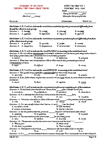 Đề kiểm tra Tiếng Anh Lớp 12 - Mã 101 - Năm học 2023-2024 - Trường THPT Phan Châu Trinh (Có đáp án)