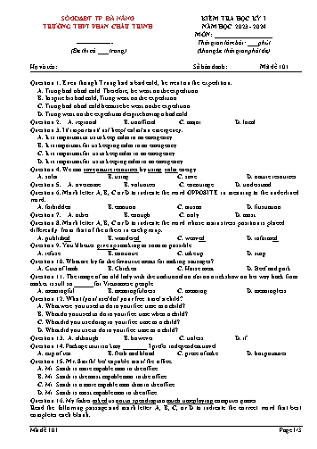 Đề kiểm tra Tiếng Anh Lớp 12 - Mã đề 101 - Năm học 2023-2024 - Sở GD&ĐT Đà Nẵng