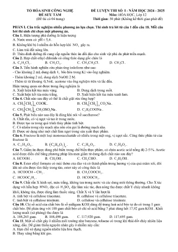 Đề luyện thi Hóa học 12 - Đề 1 - Năm học 2024-2025