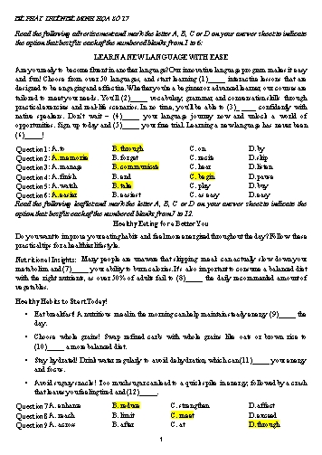 Đề minh họa tốt nghiệp THPT Tiếng Anh - Đề 17 (Có đáp án)