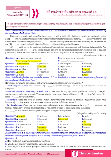 Đề minh họa tốt nghiệp THPT Tiếng Anh - Đề 20 (Có đáp án)