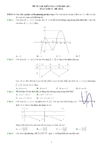 Đề ôn tập cuối học kì I Toán 12 - Đề 1