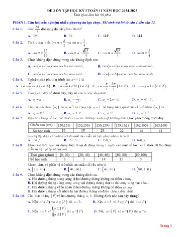 Đề ôn tập học kì I Toán 11 - Đề 3 - Năm học 2024-2025