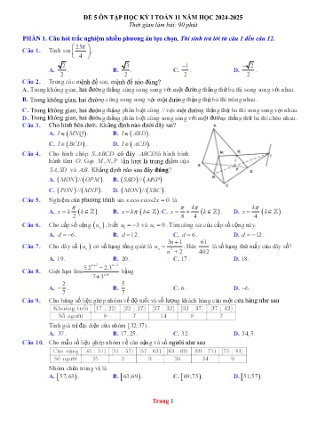 Đề ôn tập học kì I Toán 11 - Đề 5 - Năm học 2024-2025