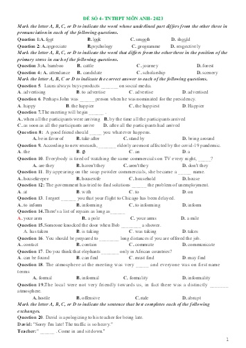 Đề thi tốt nghiệp THPT Tiếng Anh - Đề số 4 (Có đáp án)