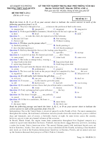 Đề thi tốt nghiệp THPT Tiếng Anh - Mã đề 211 - Năm học 2021-2022 - Trường THPT Ngô Quyền