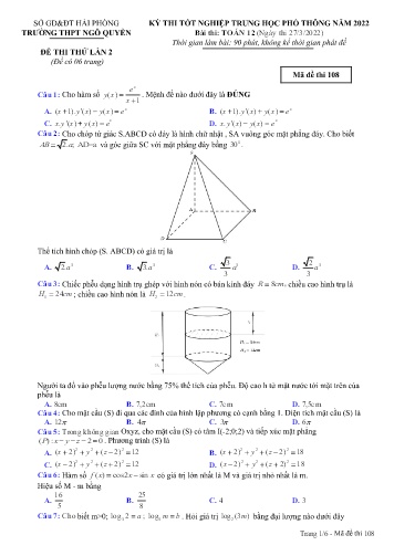 Đề thi tốt nghiệp THPT Toán - Mã đề 108 - Năm học 2021-2022 - Trường THPT Ngô Quyền