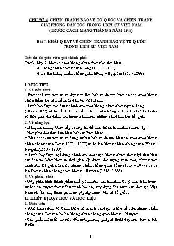 Giáo án Lịch sử 11 (Cánh diều) - Chủ đề 4: Chiến tranh bảo vệ tổ quốc và chiến tranh giải phóng dân tộc trong lịch sử Việt Nam (Trước cách mạng tháng 8 năm 1945) - Bài 7: Khái quát về chiến tranh bảo vệ Tổ quóc trong lịch sử Việt Nam