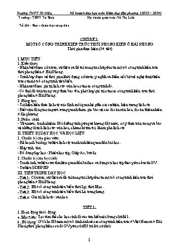 Kế hoạch bài dạy Giáo dục địa phương 10 - Chủ đề 1: Một số công trình kiến trúc thời phong kiến ở Hải Phòng - Năm học 2023-2024 - Vũ Thị Liền