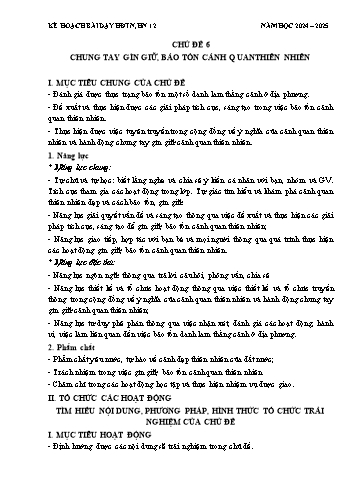 Kế hoạch bài dạy Hoạt động trải nghiệm, hướng nghiệp 12 (Kết nối tri thức) - Chủ đề 6: Chung tay gìn giữ, bảo tồn cảnh quan thiên nhiên - Năm học 2024-2025