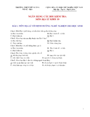 Ngân hàng Câu hỏi kiểm tra Địa lí 10 - Trường THPT Tiên Lãng