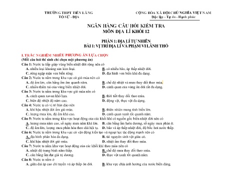 Ngân hàng Câu hỏi kiểm tra Địa lí 12 - Trường THPT Tiên Lãng