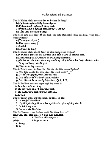 Ngân hàng Câu hỏi Tin học 11 - Chủ đề: Python